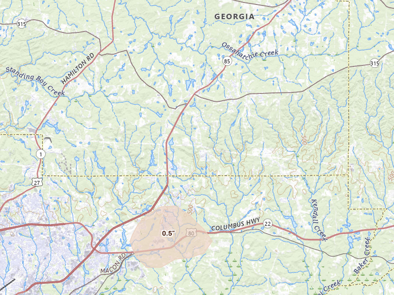 Radar-estimated hail-size map of the storm over Midland, GA on Jul 5, 2026