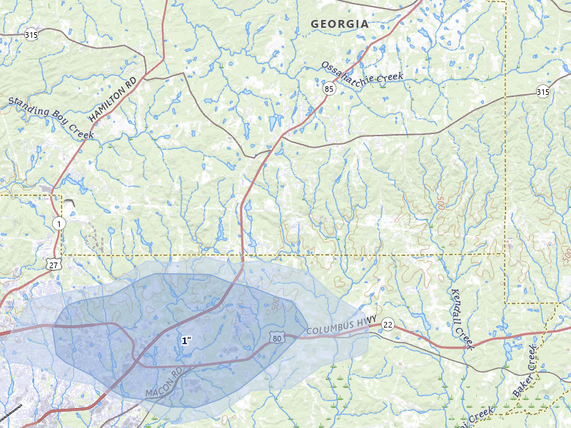 NEXRAD radar-signature map of the hail storm over Midland, GA on Jul 5, 2026