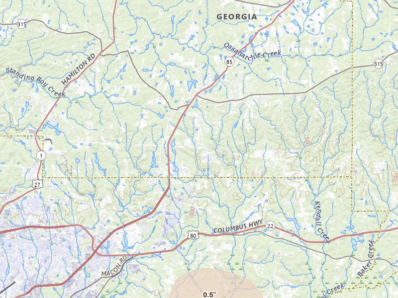 Radar-estimated hail-size map of the storm over Midland, GA on Jul 9, 2026