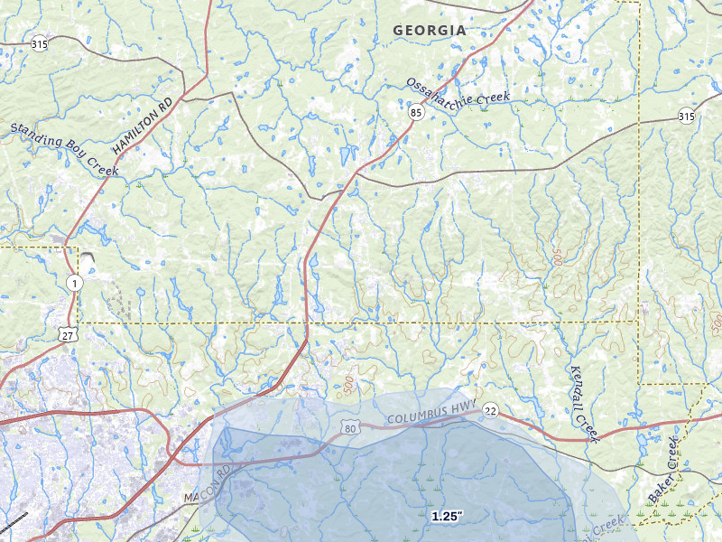 NEXRAD radar-signature map of the hail storm over Midland, GA on Jul 9, 2026