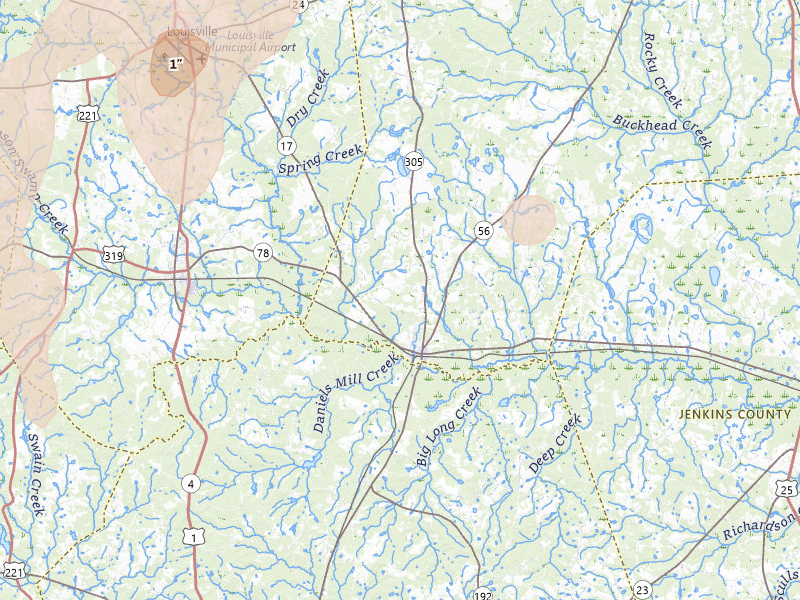 Radar-estimated hail-size map of the storm over Midville, GA on Jun 29, 2026