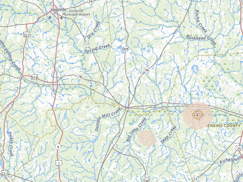 Radar-estimated hail-size map of the storm over Midville, GA on Jul 12, 2026