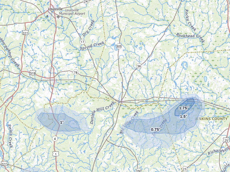NEXRAD radar-signature map of the hail storm over Midville, GA on Jul 12, 2026