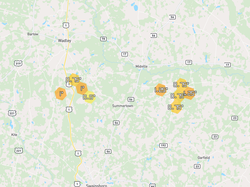 Hail map of Midville, GA on Jul 12, 2026, hail up to 1.25"