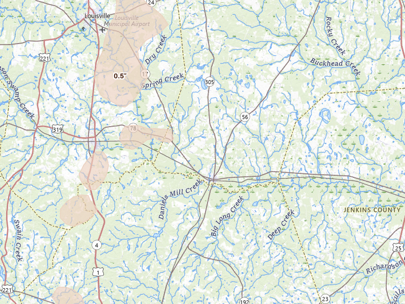 Radar-estimated hail-size map of the storm over Midville, GA on Jul 17, 2026