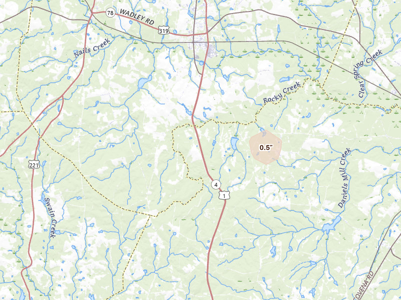 Radar-estimated hail-size map of the storm over Midville, GA on Aug 13, 2026