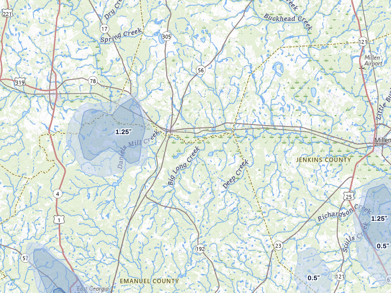 NEXRAD radar-signature map of the hail storm over Midville, GA on Aug 13, 2026