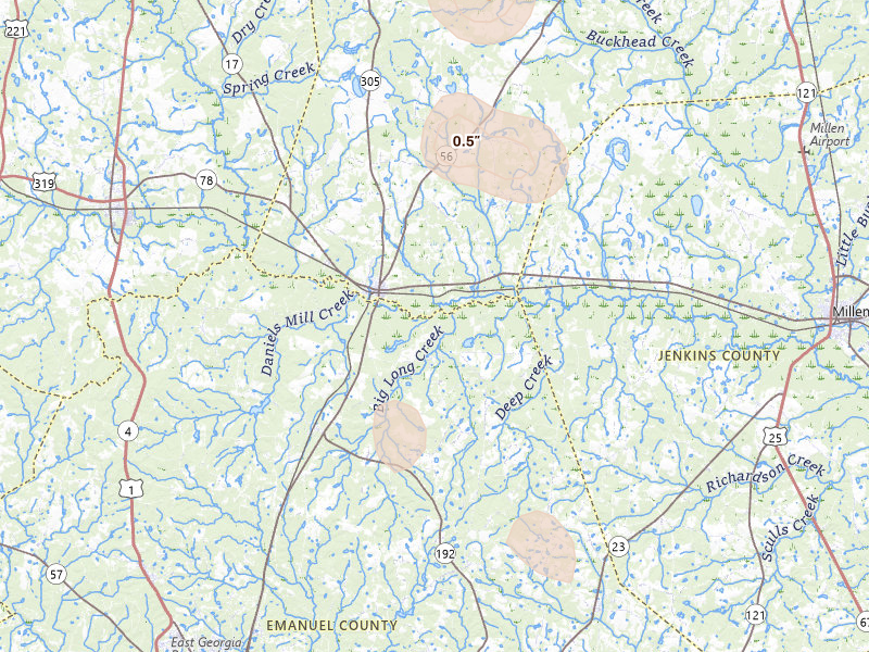 Radar-estimated hail-size map of the storm over Midville, GA on Aug 21, 2026
