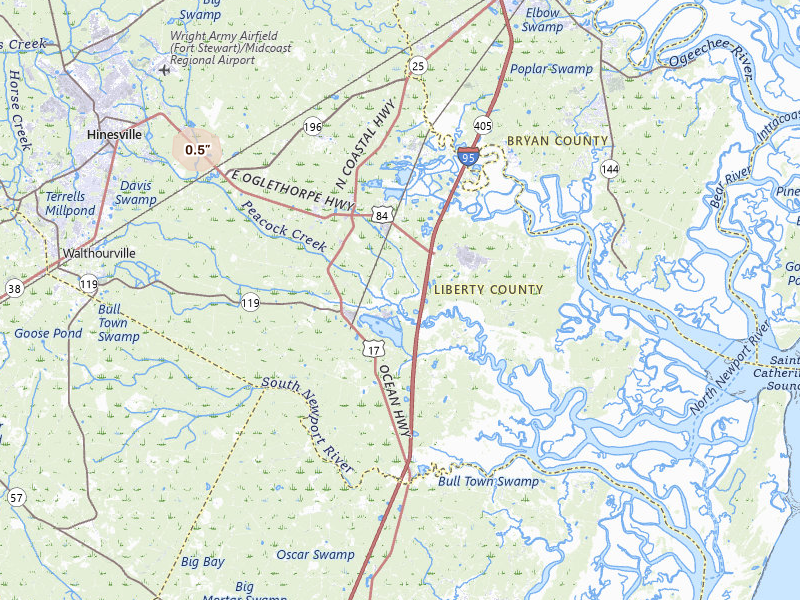 Radar-estimated hail-size map of the storm over Midway, GA on Jun 27, 2026