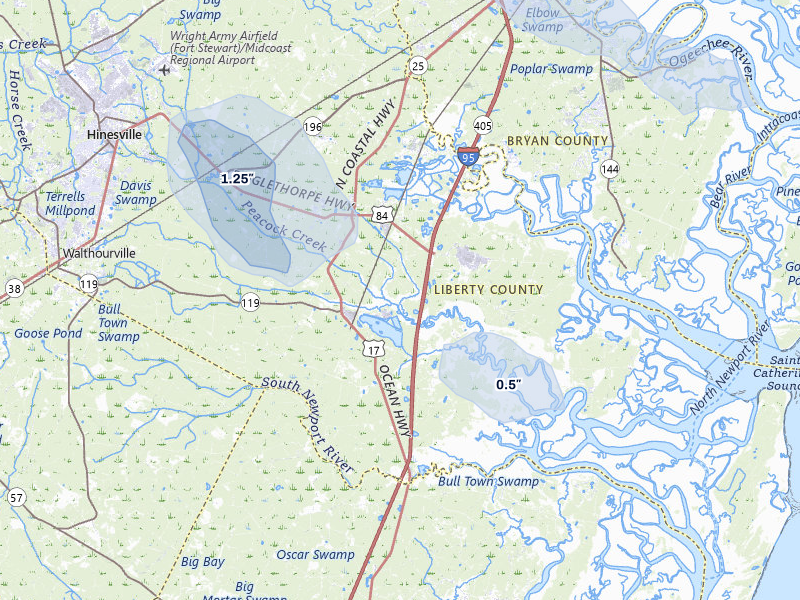 NEXRAD radar-signature map of the hail storm over Midway, GA on Jun 27, 2026