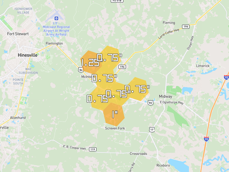 Hail map of Midway, GA on Jun 27, 2026, hail up to 1.25"