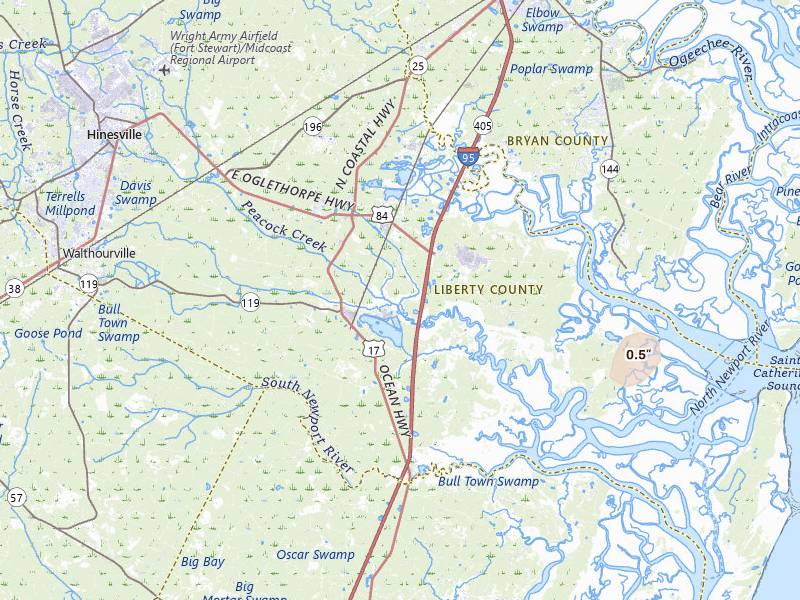 Radar-estimated hail-size map of the storm over Midway, GA on Jul 5, 2026