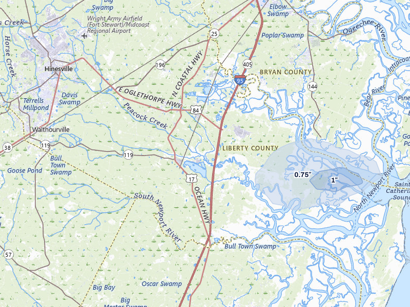 NEXRAD radar-signature map of the hail storm over Midway, GA on Jul 5, 2026