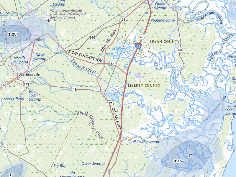 NEXRAD radar-signature map of the hail storm over Midway, GA on Jul 7, 2026