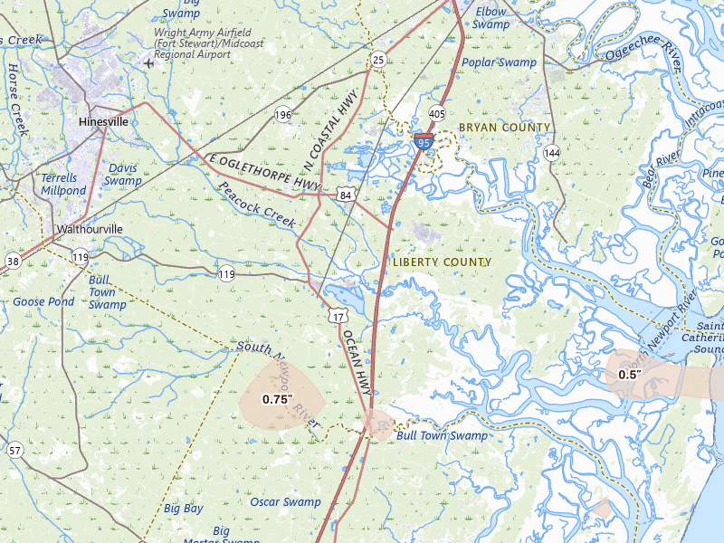 Radar-estimated hail-size map of the storm over Midway, GA on Jul 12, 2026