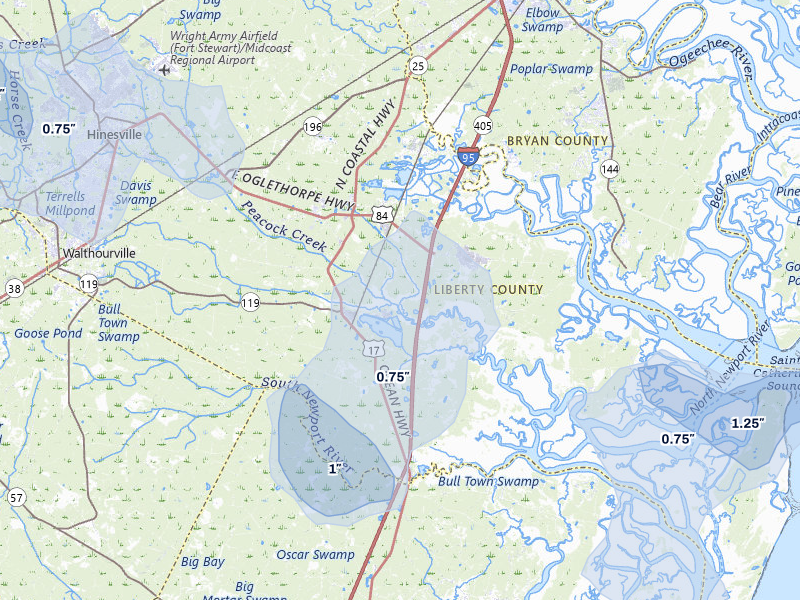 NEXRAD radar-signature map of the hail storm over Midway, GA on Jul 12, 2026