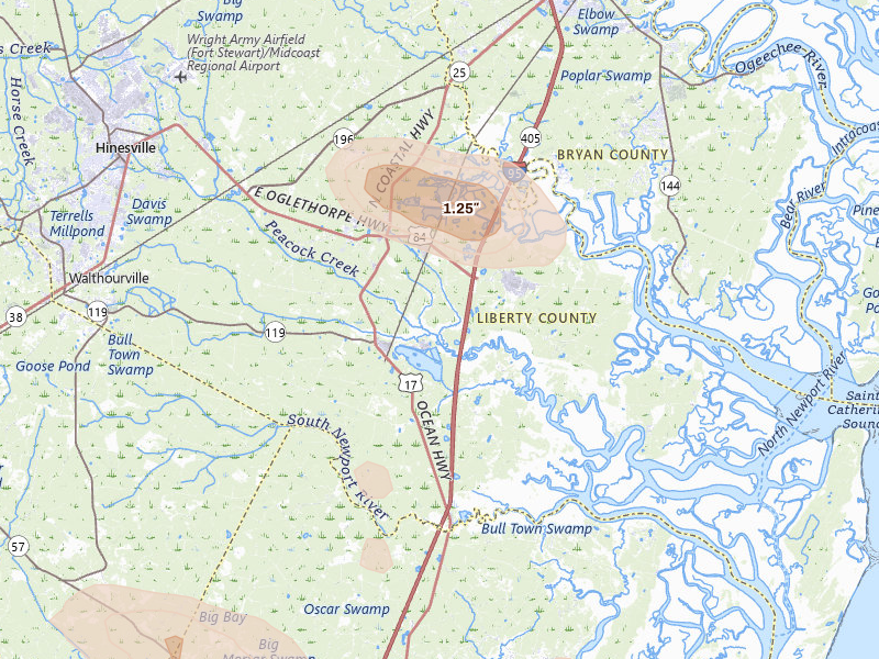 Radar-estimated hail-size map of the storm over Midway, GA on Jul 29, 2026