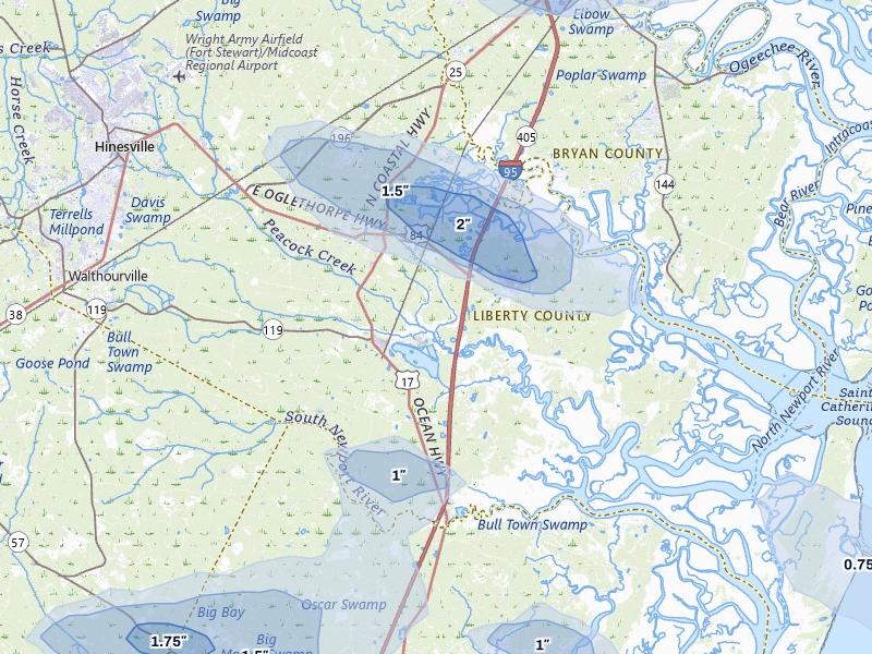 NEXRAD radar-signature map of the hail storm over Midway, GA on Jul 29, 2026