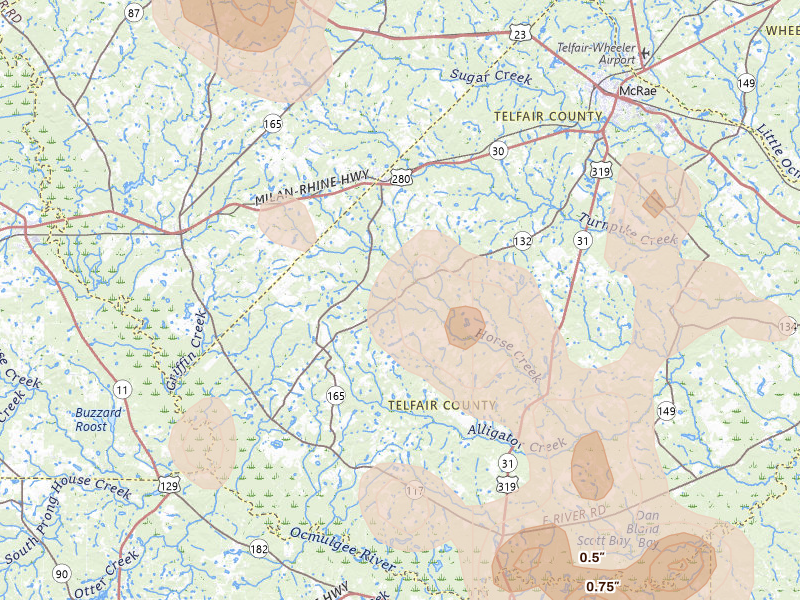 Radar-estimated hail-size map of the storm over Milan, GA on May 17, 2026