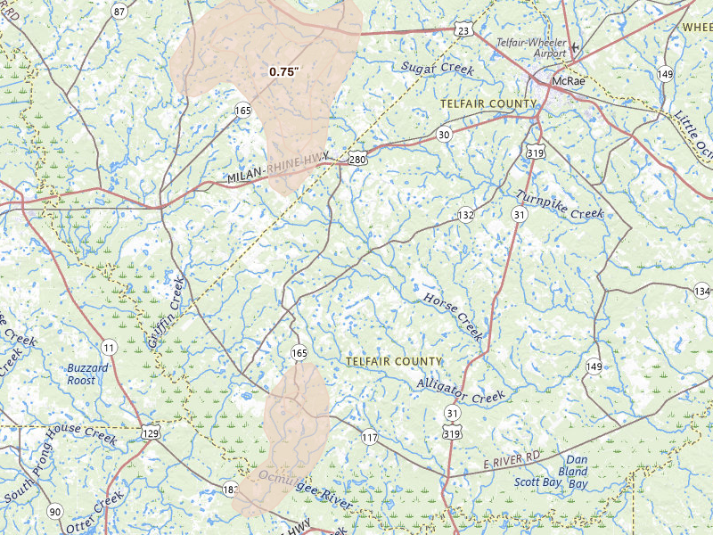 Radar-estimated hail-size map of the storm over Milan, GA on May 22, 2026