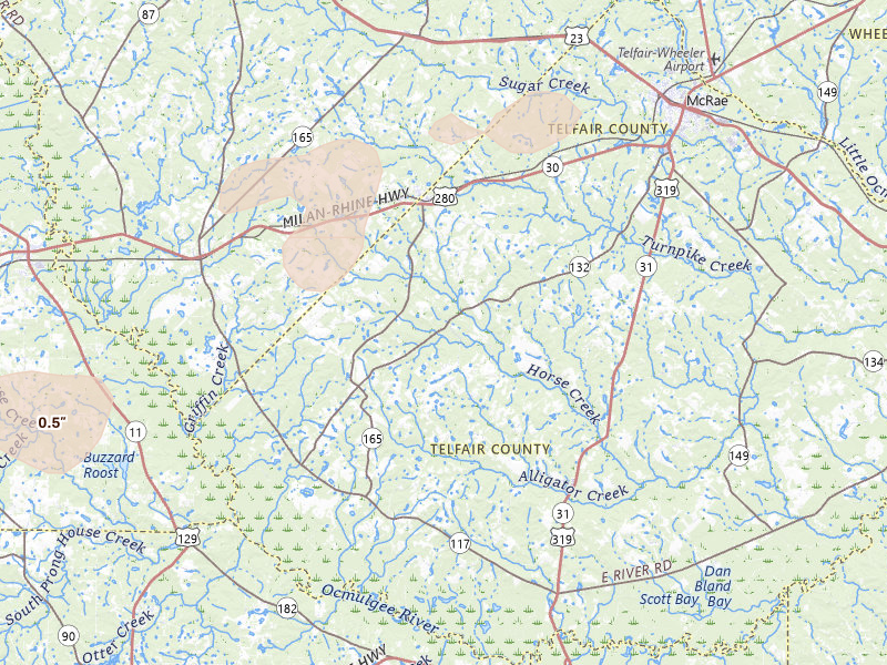 Radar-estimated hail-size map of the storm over Milan, GA on Jul 9, 2026