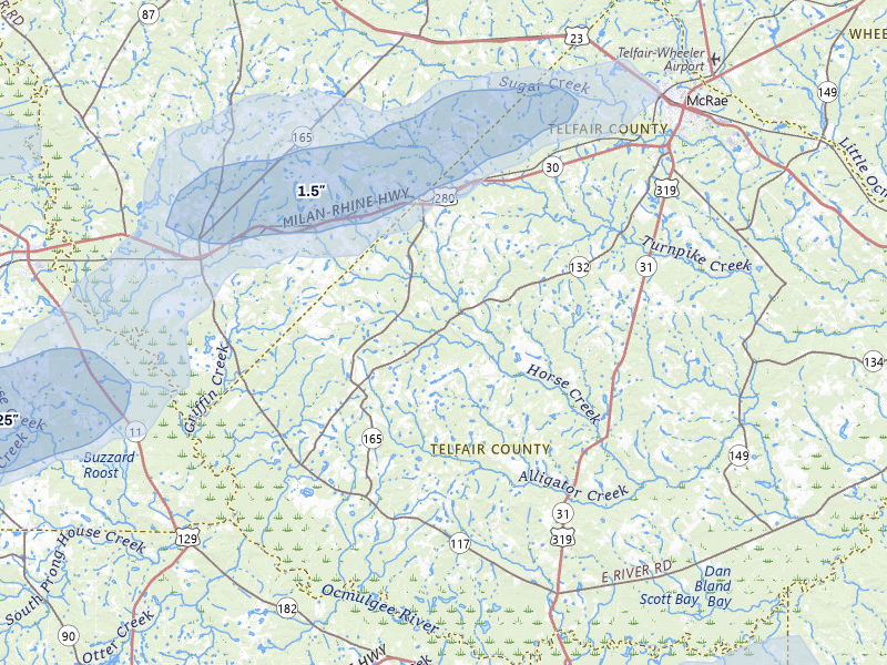 NEXRAD radar-signature map of the hail storm over Milan, GA on Jul 9, 2026