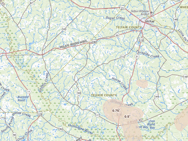 Radar-estimated hail-size map of the storm over Milan, GA on Jul 17, 2026
