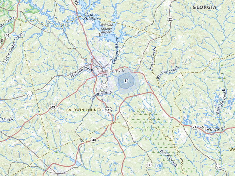 NEXRAD radar-signature map of the hail storm over Milledgeville, GA on Mar 16, 2026