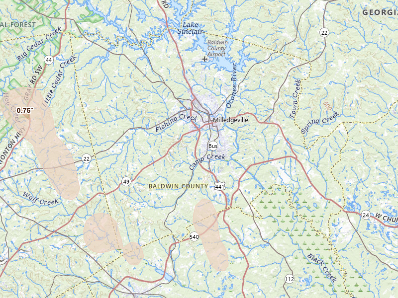 Radar-estimated hail-size map of the storm over Milledgeville, GA on May 17, 2026