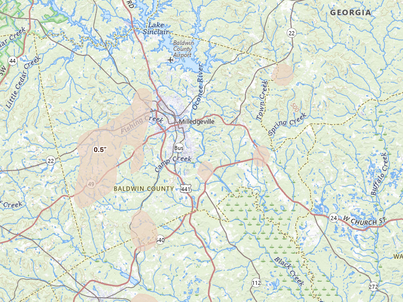 Radar-estimated hail-size map of the storm over Milledgeville, GA on May 22, 2026