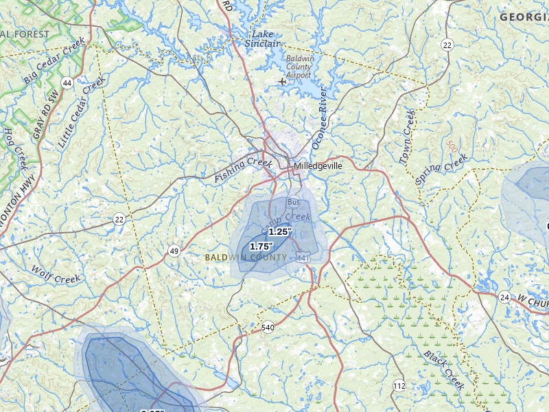 NEXRAD radar-signature map of the hail storm over Milledgeville, GA on Aug 21, 2026
