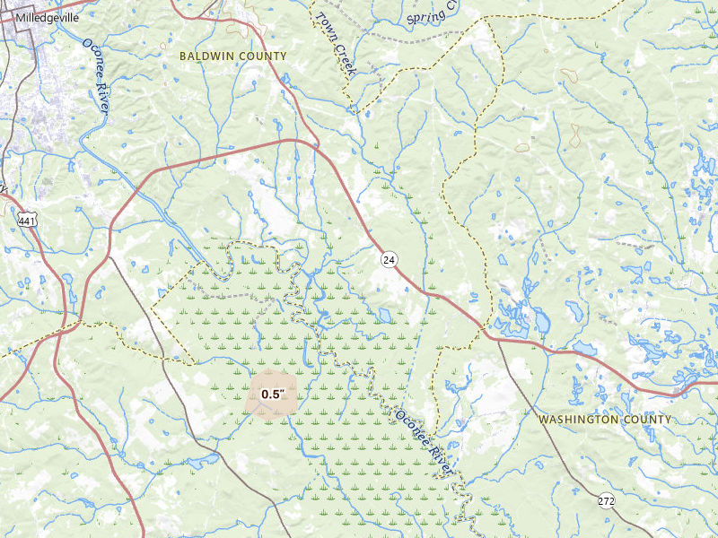 Radar-estimated hail-size map of the storm over Milledgeville, GA