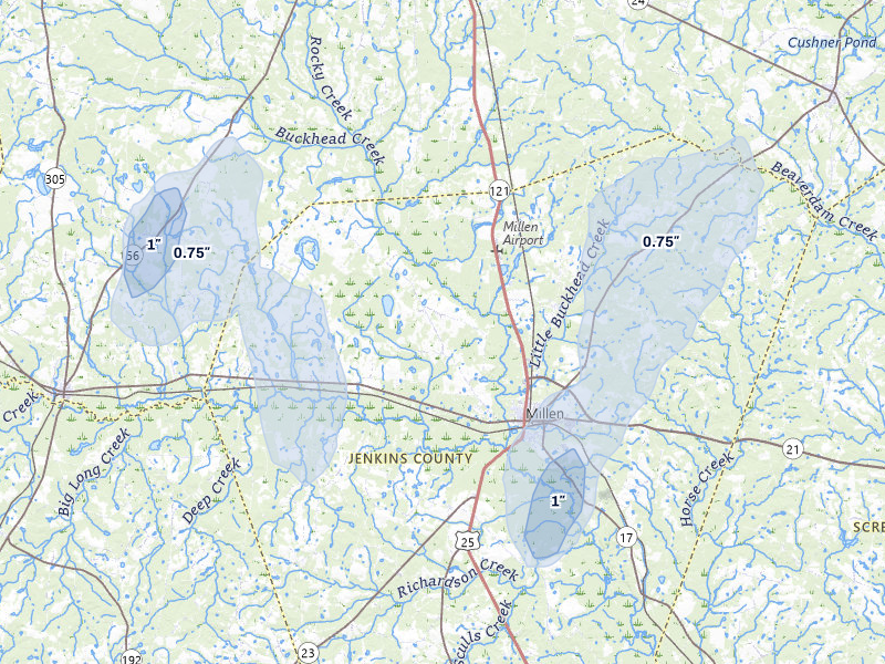 NEXRAD radar-signature map of the hail storm over Millen, GA on Jun 29, 2026