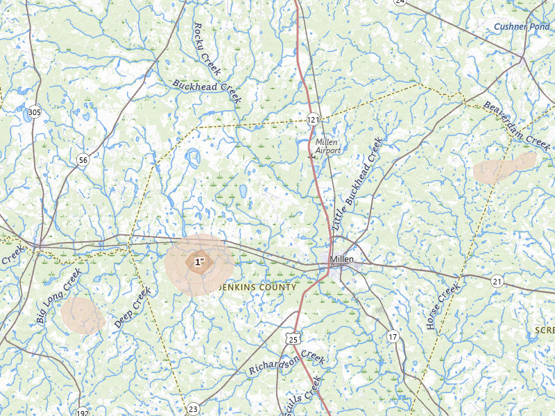 Radar-estimated hail-size map of the storm over Millen, GA on Jul 12, 2026