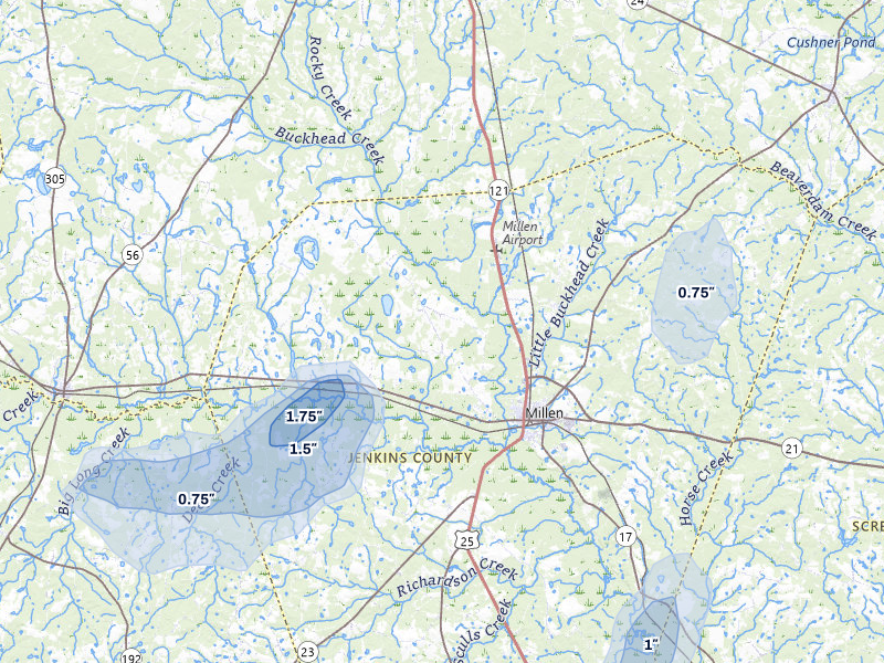 NEXRAD radar-signature map of the hail storm over Millen, GA on Jul 12, 2026