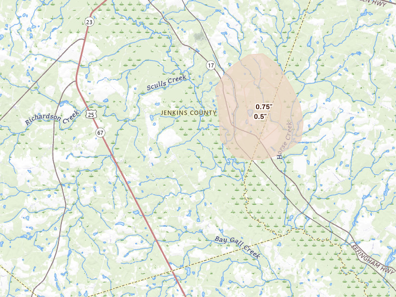 Radar-estimated hail-size map of the storm over Millen, GA on Jul 17, 2026
