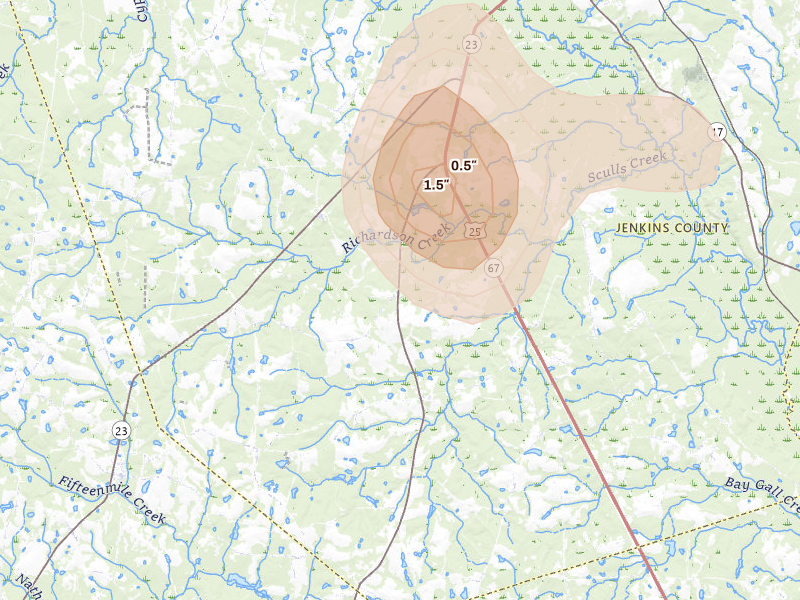 Radar-estimated hail-size map of the storm over Millen, GA on Aug 1, 2026