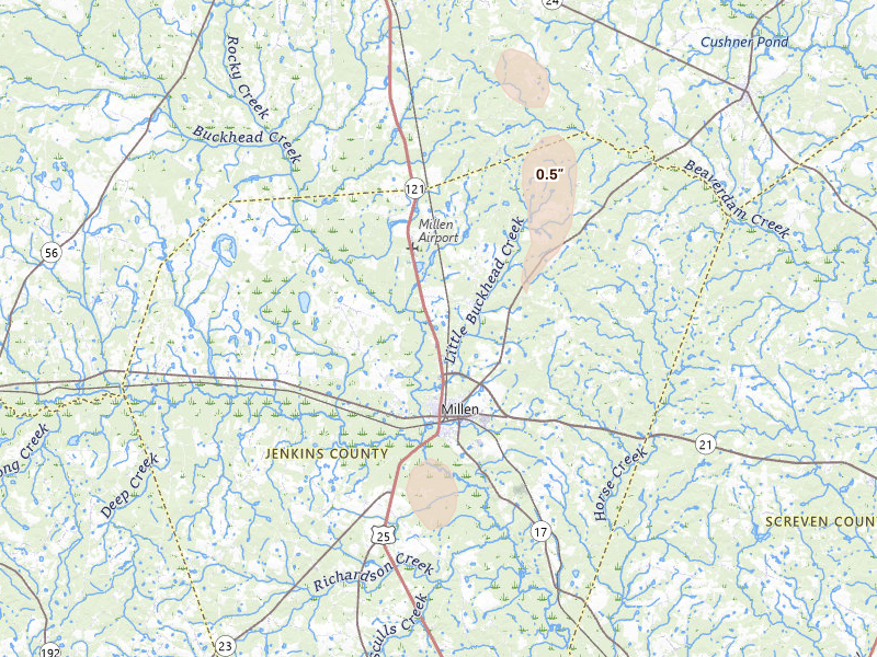 Radar-estimated hail-size map of the storm over Millen, GA on Aug 6, 2026