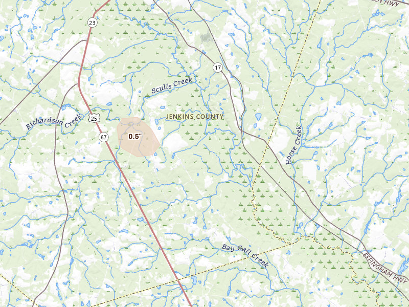 Radar-estimated hail-size map of the storm over Millen, GA on Aug 13, 2026