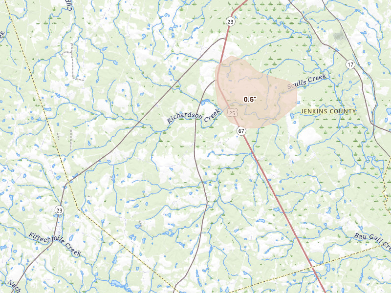 Radar-estimated hail-size map of the storm over Millen, GA on Aug 22, 2026