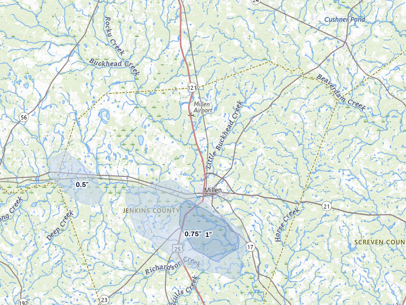 NEXRAD radar-signature map of the hail storm over Millen, GA on Aug 22, 2026