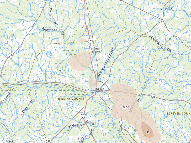 Radar-estimated hail-size map of the storm over Millen, GA