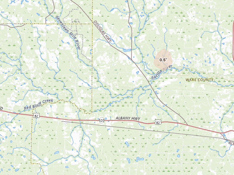 Radar-estimated hail-size map of the storm over Millwood, GA on Jul 20, 2026