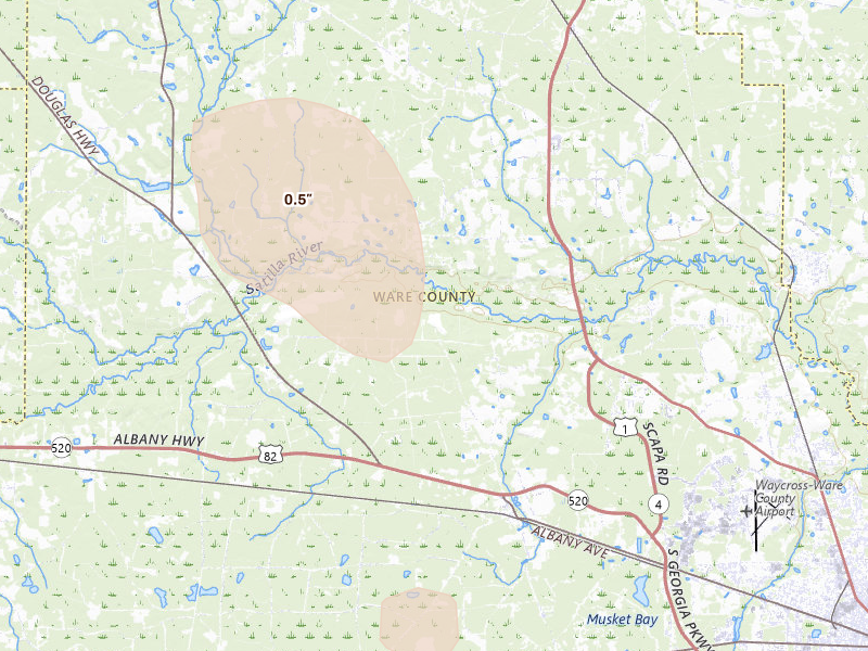 Radar-estimated hail-size map of the storm over Millwood, GA on Aug 13, 2026