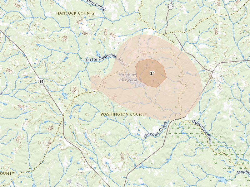 Radar-estimated hail-size map of the storm over Mitchell, GA on Aug 11, 2026