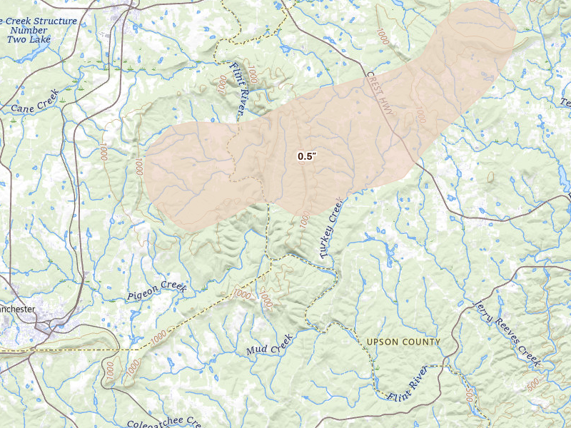 Radar-estimated hail-size map of the storm over Molena, GA on Mar 15, 2026