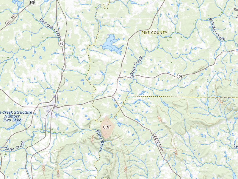 Radar-estimated hail-size map of the storm over Molena, GA on Aug 6, 2026