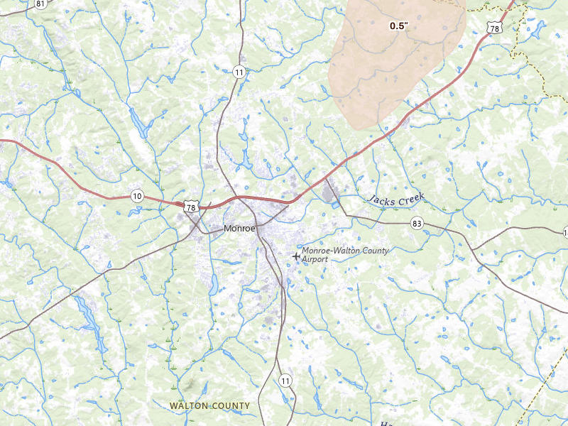 Radar-estimated hail-size map of the storm over Monroe, GA on Jun 29, 2026