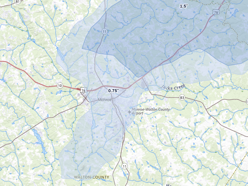 NEXRAD radar-signature map of the hail storm over Monroe, GA on Jun 29, 2026