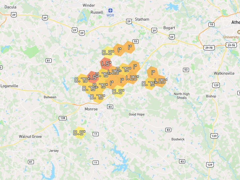 Hail map of Monroe, GA on Jun 30, 2026, hail up to 1.5"